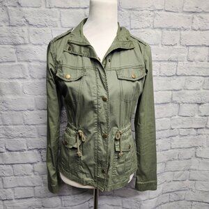 MUDD XS ARMY GREEN SURPLUS ZIP BUTTON POCKETS DRAWSTRING CINCHED WAIST JACKET